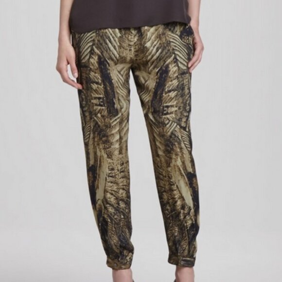 Haute Hippie Green Silk Foliage Feather Drawstring Slim Jogger Trousers Pants - Picture 7 of 8